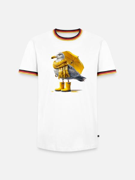 Seagull with yellow umbrella and boots - Men's Ringer Shirt - white/tricolour