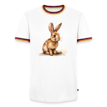 Lapin aquarelle à la lumière printanière - T-shirt contrasté Homme - blanc/tricolore - Devant - AI Model Female 172 light (172cm) & AI Model Male 185 light (185cm)