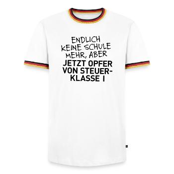 Abi in der Tasche, aber nun Steuerklasse 1 - Männer Kontrast-T-Shirt - Weiß/Dreifarbig - Vorne - AI Model Female 172 light (172cm) & AI Model Male 185 light (185cm)