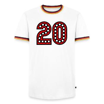 20. 20th ANNIVERSARY. 20 YEARS ANNIVERSARY. 20 YEARS. - Men's Ringer Shirt - white/tricolour - Front - AI Model Female 172 light (172cm) & AI Model Male 185 light (185cm)