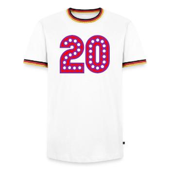 20. 20th ANNIVERSARY. 20 YEARS ANNIVERSARY. 20 YEARS. - Men's Ringer Shirt - white/tricolour - Front - AI Model Female 172 light (172cm) & AI Model Male 185 light (185cm)