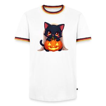 Halloween Katze mit Halloween Kürbis - Männer Kontrast-T-Shirt - Weiß/Dreifarbig - Vorne - AI Model Female 172 light (172cm) & AI Model Male 185 light (185cm)