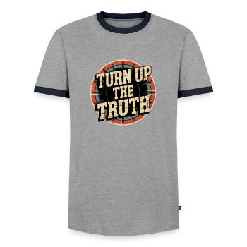 Retro Grunge – Turn Up The Truth - Männer Kontrast-T-Shirt - Grau/Navy  - Vorne - AI Model Female 172 light (172cm) & AI Model Male 178 light (178cm)