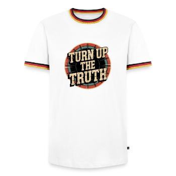 Retro Grunge – Turn Up The Truth - Männer Kontrast-T-Shirt - Weiß/Dreifarbig - Vorne - AI Model Female 172 light (172cm) & AI Model Male 185 light (185cm)