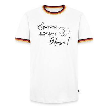 Sperma kittet keine Herzen - Männer Kontrast-T-Shirt - Weiß/Dreifarbig - Vorne - AI Model Female 172 light (172cm) & AI Model Male 185 light (185cm)