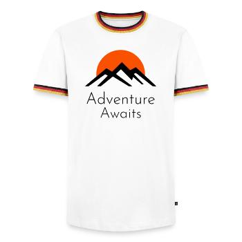 Adventure Awaits – Berge & Sonnenuntergang - Männer Kontrast-T-Shirt - Weiß/Dreifarbig - Vorne - AI Model Female 172 light (172cm) & AI Model Male 185 light (185cm)