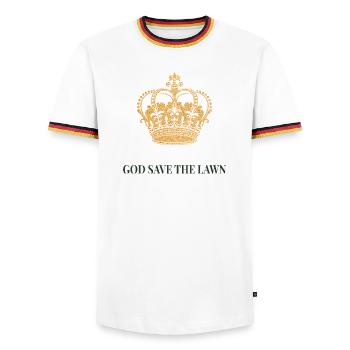 God Save the Lawn – Humour de jardin britannique - T-shirt contrasté Homme - blanc/tricolore - Devant - AI Model Female 172 light (172cm) & AI Model Male 185 light (185cm)