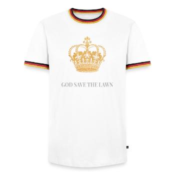 God Save the Lawn – Humour de jardin britannique - T-shirt contrasté Homme - blanc/tricolore - Devant - AI Model Female 172 light (172cm) & AI Model Male 185 light (185cm)