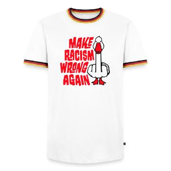 Goose Make Racism Wrong Again Middle Finger Activist - Men's Ringer Shirt - white/tricolour - Front - AI Model Female 172 light (172cm) & AI Model Male 185 light (185cm)