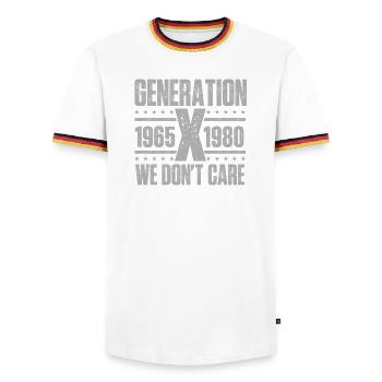 Generation X We Don’t Care Funny Nostalgia Quote - Men's Ringer Shirt - white/tricolour - Front - AI Model Female 172 light (172cm) & AI Model Male 185 light (185cm)