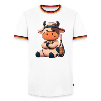 Cute tennis cow with racket and ball - Men's Ringer Shirt - white/tricolour - Front - AI Model Female 172 light (172cm) & AI Model Male 185 light (185cm)