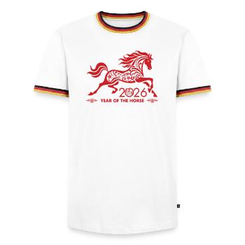 Nouvel an chinois du cheval 2026 - T-shirt contrasté Homme - blanc/tricolore - Devant - AI Model Female 172 light (172cm) & AI Model Male 185 light (185cm)