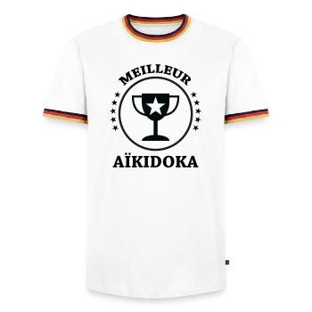 Best Aikido - Aikido - Men's Ringer Shirt - white/tricolour - Front - AI Model Female 172 light (172cm) & AI Model Male 185 light (185cm)