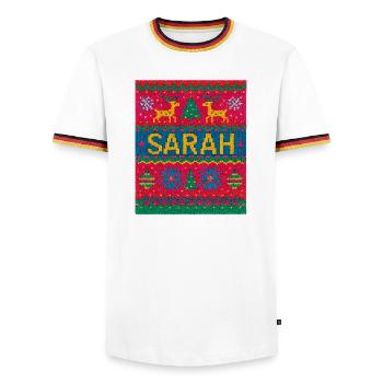 Sarah Christmas Knit Doormat - Men's Ringer Shirt - white/tricolour - Front - AI Model Female 172 light (172cm) & AI Model Male 185 light (185cm)