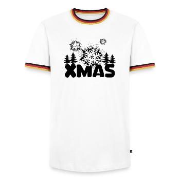 XMAS Design with Snowflakes and Fir Trees - Men's Ringer Shirt - white/tricolour - Front - AI Model Female 172 light (172cm) & AI Model Male 185 light (185cm)