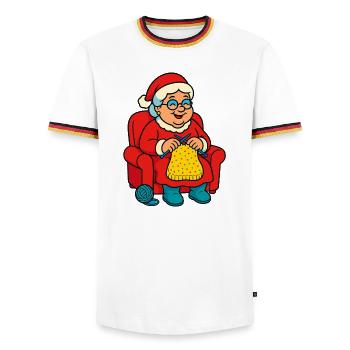 Christmas grandma knitting in the armchair - Men's Ringer Shirt - white/tricolour - Front - AI Model Female 172 light (172cm) & AI Model Male 185 light (185cm)
