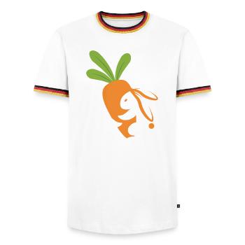 Karottenlächelndes Maskottchen - Männer Kontrast-T-Shirt - Weiß/Dreifarbig - Vorne - AI Model Female 172 light (172cm) & AI Model Male 185 light (185cm)