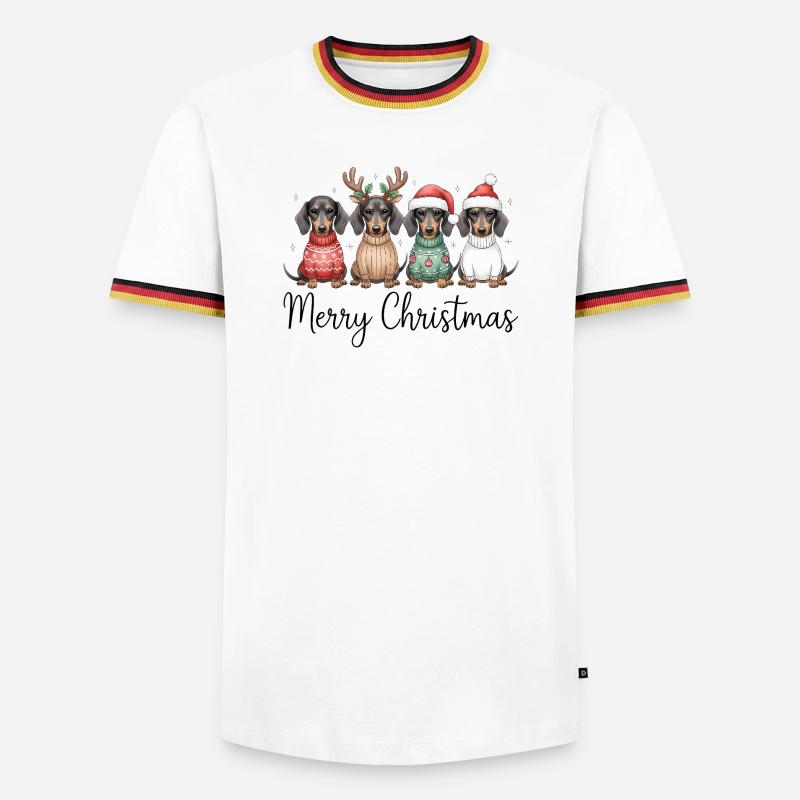Vier Dackel, Dachshunde in Weihnachtspullover - Männer Kontrast-T-Shirt - Weiß/Dreifarbig