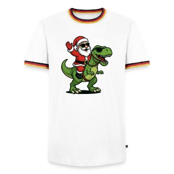 Weihnachts T Rex mit Santa Swag - Männer Kontrast-T-Shirt - Weiß/Dreifarbig - Vorne - AI Model Female 172 light (172cm) & AI Model Male 185 light (185cm)