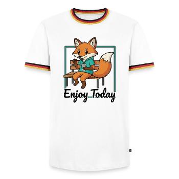 Fuchs auf Bank mit Hoodie Kaffee - Männer Kontrast-T-Shirt - Weiß/Dreifarbig - Vorne - AI Model Female 172 light (172cm) & AI Model Male 185 light (185cm)