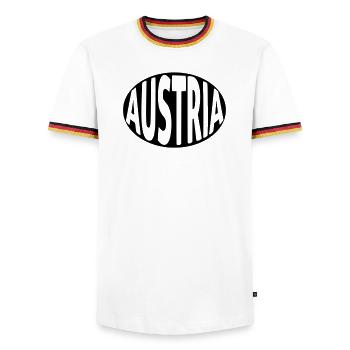Austria - Österreich Typografie  - Männer Kontrast-T-Shirt - Weiß/Dreifarbig - Vorne - AI Model Female 172 light (172cm) & AI Model Male 185 light (185cm)