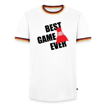Badminton Best Game Ever - Men's Ringer Shirt - white/tricolour - Front - AI Model Female 172 light (172cm) & AI Model Male 185 light (185cm)
