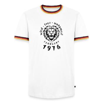 Wild, free & untamed since 02/1976 - Men's Ringer Shirt - white/tricolour - Front - AI Model Female 172 light (172cm) & AI Model Male 185 light (185cm)