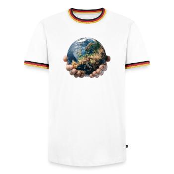Earth in Hands: Global Responsibility - Men's Ringer Shirt - white/tricolour - Front - AI Model Female 172 light (172cm) & AI Model Male 185 light (185cm)