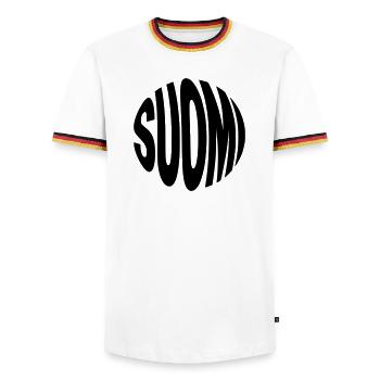 Suomi - Finnland Aufschrift - Männer Kontrast-T-Shirt - Weiß/Dreifarbig - Vorne - AI Model Female 172 light (172cm) & AI Model Male 185 light (185cm)