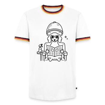 Hund Dackel beim Frisör Minimalistisch Line Art - Männer Kontrast-T-Shirt - Weiß/Dreifarbig - Vorne - AI Model Female 172 light (172cm) & AI Model Male 185 light (185cm)