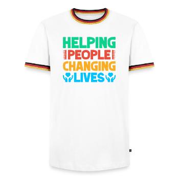 Appréciation des bénévoles Aider les personnes en évolution - T-shirt contrasté Homme - blanc/tricolore - Devant - AI Model Female 172 light (172cm) & AI Model Male 185 light (185cm)