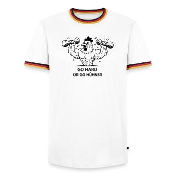 Pumpen Fitness Go Hard or go Hühner - Männer Kontrast-T-Shirt - Weiß/Dreifarbig - Vorne - AI Model Female 172 light (172cm) & AI Model Male 185 light (185cm)
