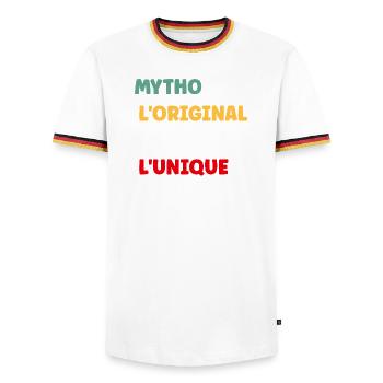 Mytho Original Unique Tee - Men's Ringer Shirt - white/tricolour - Front - AI Model Female 172 light (172cm) & AI Model Male 185 light (185cm)
