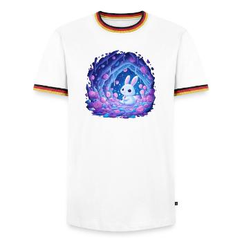 Mondschein Kaninchen im Rosenwald - Männer Kontrast-T-Shirt - Weiß/Dreifarbig - Vorne - AI Model Female 172 light (172cm) & AI Model Male 185 light (185cm)