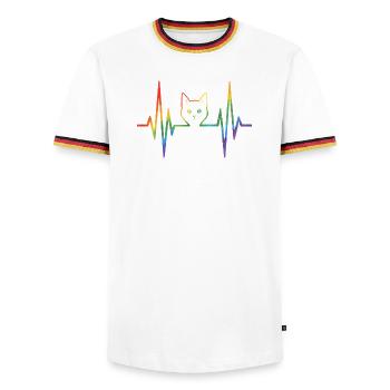Rainbow cat with pulse heart line - Men's Ringer Shirt - white/tricolour - Front - AI Model Female 172 light (172cm) & AI Model Male 185 light (185cm)
