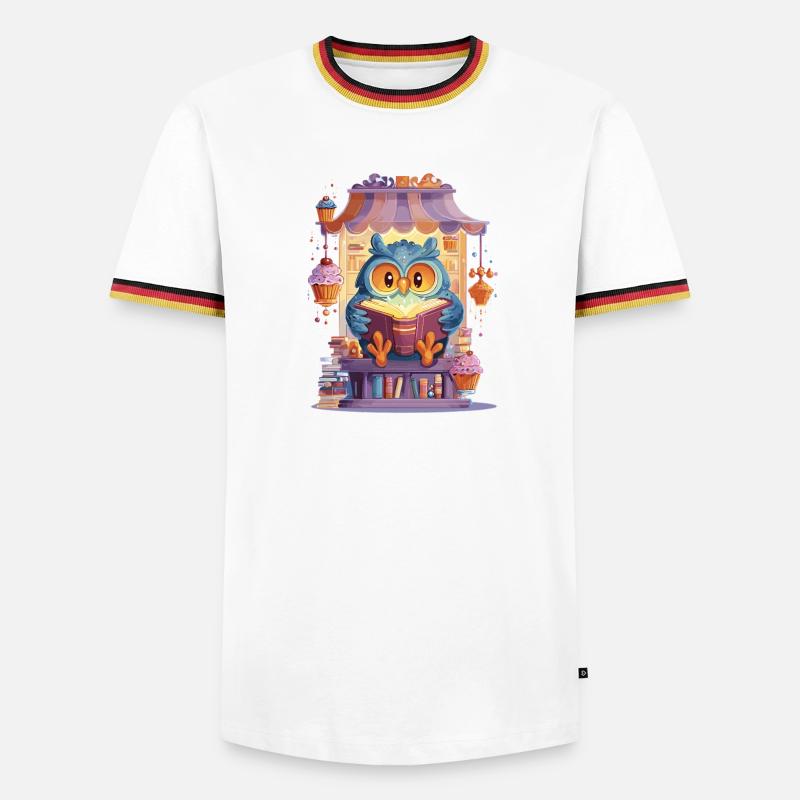 Lese Eule im Kuchenmarkt - Männer Kontrast-T-Shirt - Weiß/Dreifarbig