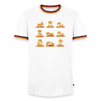 Shiba Inu Yoga Poses for Dog Fans - Men's Ringer Shirt - white/tricolour - Front - AI Model Female 172 light (172cm) & AI Model Male 185 light (185cm)