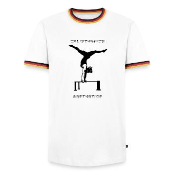 CALISTHENICS - AESTHETICS - Fitness -Workout - Männer Kontrast-T-Shirt - Weiß/Dreifarbig - Vorne - AI Model Female 172 light (172cm) & AI Model Male 185 light (185cm)