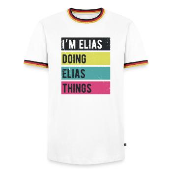 Ich bin Elias und mache Elias Dinge Retrofarben - Männer Kontrast-T-Shirt - Weiß/Dreifarbig - Vorne - AI Model Female 172 light (172cm) & AI Model Male 185 light (185cm)