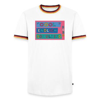 Endlich Schulkind  - Männer Kontrast-T-Shirt - Weiß/Dreifarbig - Vorne - AI Model Female 172 light (172cm) & AI Model Male 185 light (185cm)