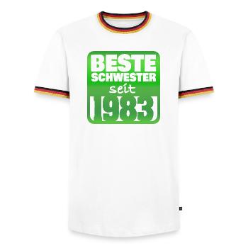 Sister 1983 - Men's Ringer Shirt - white/tricolour - Front - AI Model Female 172 light (172cm) & AI Model Male 185 light (185cm)