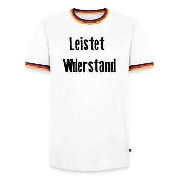Leistet_wiederstand - Men's Ringer Shirt - white/tricolour - Front - AI Model Female 172 light (172cm) & AI Model Male 185 light (185cm)