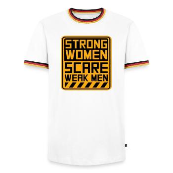 Strong Women Scare Weak Men Confident Feminist - Men's Ringer Shirt - white/tricolour - Front - AI Model Female 172 light (172cm) & AI Model Male 185 light (185cm)