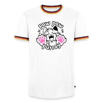Paw Paw Purray Cat | Motif drôle de patte - T-shirt contrasté Homme - blanc/tricolore - Devant - AI Model Female 172 light (172cm) & AI Model Male 185 light (185cm)