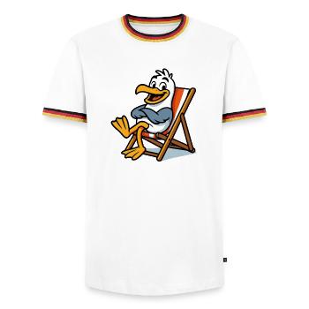 Lounge-Seemöwe am Strand - Männer Kontrast-T-Shirt - Weiß/Dreifarbig - Vorne - AI Model Female 172 light (172cm) & AI Model Male 185 light (185cm)