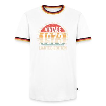 53 Year Old Vintage 1973 Limited Edition 53rd Bday - Men's Ringer Shirt - white/tricolour - Front - AI Model Female 172 light (172cm) & AI Model Male 185 light (185cm)