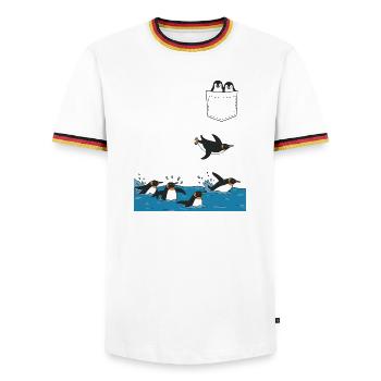 Penguin Jump Into The Water Pocket Design - Men's Ringer Shirt - white/tricolour - Front - AI Model Female 172 light (172cm) & AI Model Male 185 light (185cm)