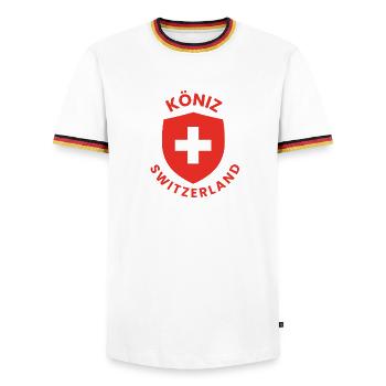 Köniz Switzerland Shield Emblem - Men's Ringer Shirt - white/tricolour - Front - AI Model Female 172 light (172cm) & AI Model Male 185 light (185cm)
