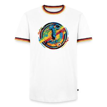 Soccer Hero Shoots Fireball Soccer Ball Motif - Men's Ringer Shirt - white/tricolour - Front - AI Model Female 172 light (172cm) & AI Model Male 185 light (185cm)