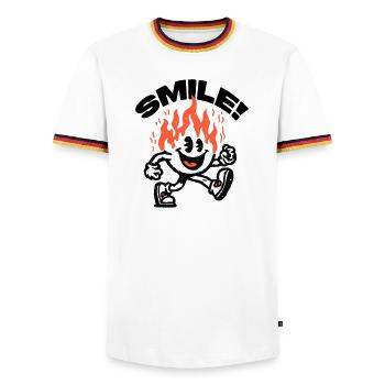 Smile! Fiery Friend Smiley - Men's Ringer Shirt - white/tricolour - Front - AI Model Female 172 light (172cm) & AI Model Male 185 light (185cm)